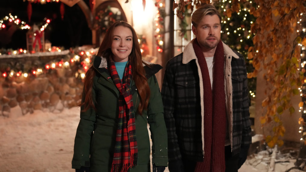 Lindsay Lohan as Sierra and Chord Overstreet as Jake in Falling for Christmas