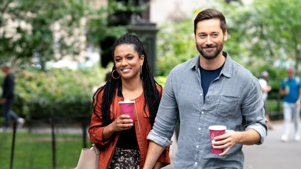 Freema Agyman as Dr. Helen Sharpe, Ryan Eggold as Dr. Max Goodwin in New Amsterdam