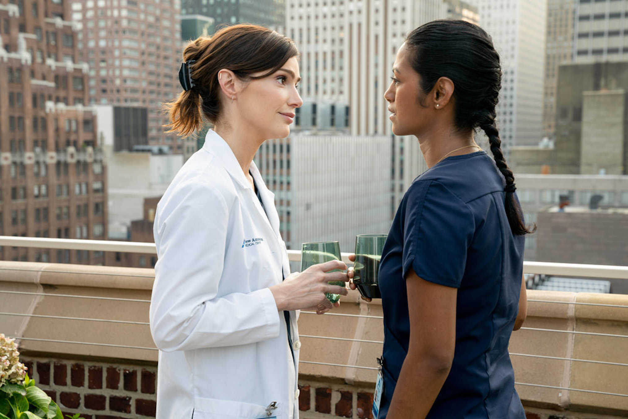 Janet Montgomery as Dr. Lauren Bloom, Shiva Kalaiselvan as Leyla in New Amsterdam