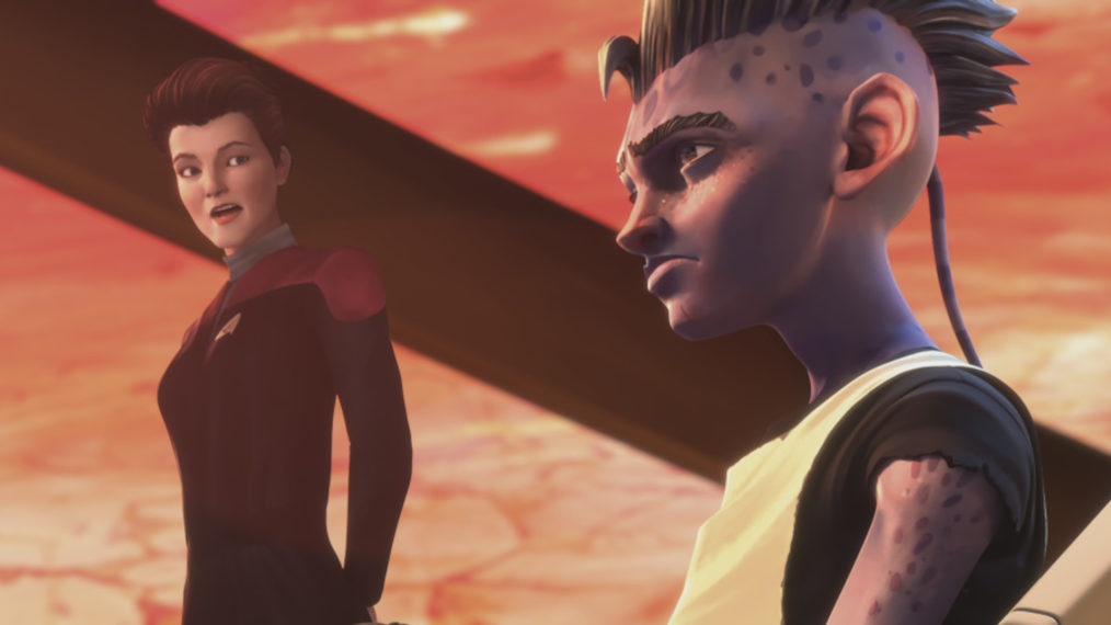 Kate Mulgrew as Janeway, Brett Gray as Dal in Star Trek Prodigy