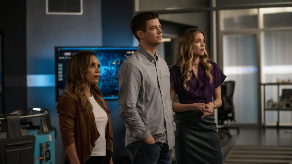 Danielle Nicolet as Cecile, Grant Gustin as Barry, Danielle Panabaker as Caitlin in The Flash - 'Armageddon, Part 1'