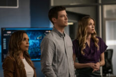 Danielle Nicolet as Cecile, Grant Gustin as Barry, Danielle Panabaker as Caitlin in The Flash - 'Armageddon, Part 1'