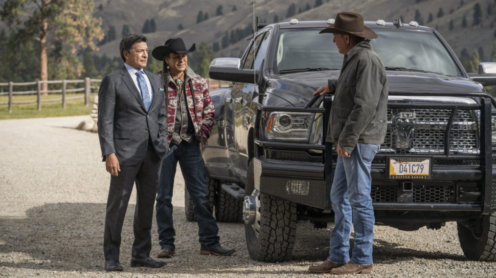 Gil Birmingham as Rainwater, Mo Brings Plenty as Mo, Kevin Costner as John in Yellowstone