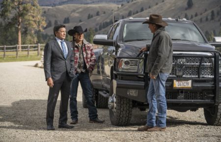 Gil Birmingham as Rainwater, Mo Brings Plenty as Mo, Kevin Costner as John in Yellowstone