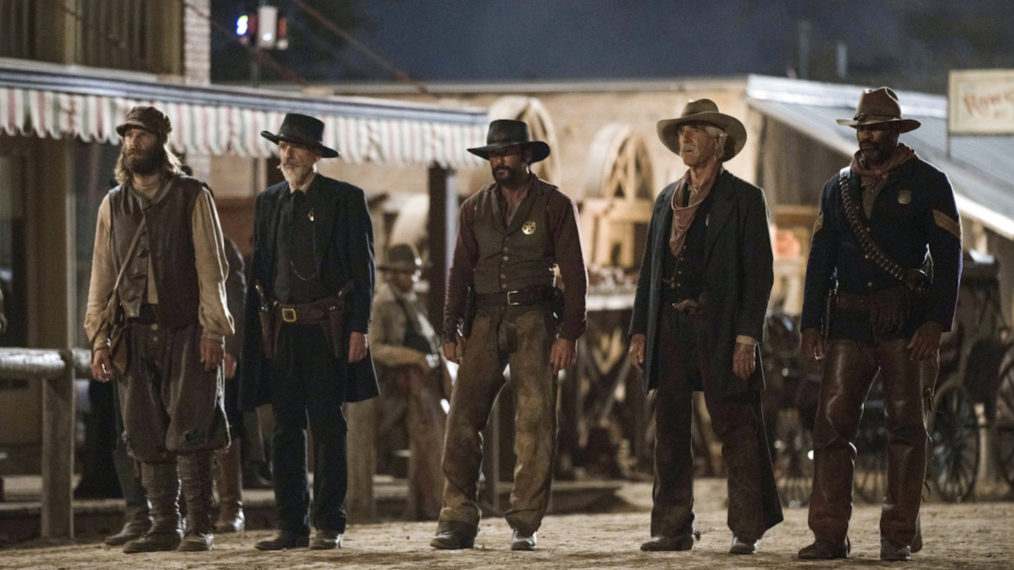 Tim McGraw as James, Sam Elliot as Shea, LaMonica Garrett as Thomas in 1883