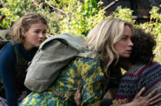 Millicent Simmonds as Regan Abbott, Emily Blunt as Evelyn Abbott and Noah Jupe as Marcus Abbott in A Quiet Place Part II