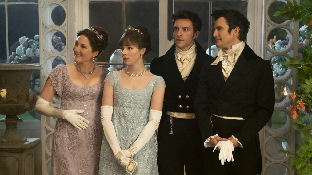 Ruth Gemmell as Lady Violet Bridgerton, Claudia Jessie as Eloise Bridgerton, Jonathan Bailey as Anthony Bridgerton, and Luke Thomspon as Benedict Bridgerton