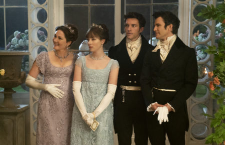 Ruth Gemmell as Lady Violet Bridgerton, Claudia Jessie as Eloise Bridgerton, Jonathan Bailey as Anthony Bridgerton, and Luke Thomspon as Benedict Bridgerton