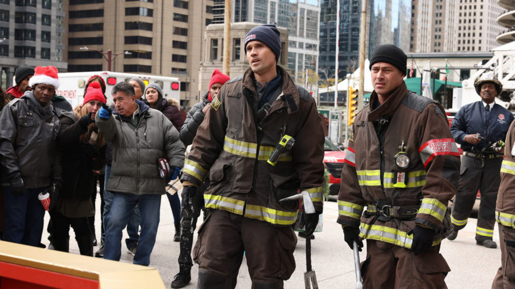 Brett Dalton at Jason Pelham, Taylor Kinney as Kelly Severide in Chicago Fire