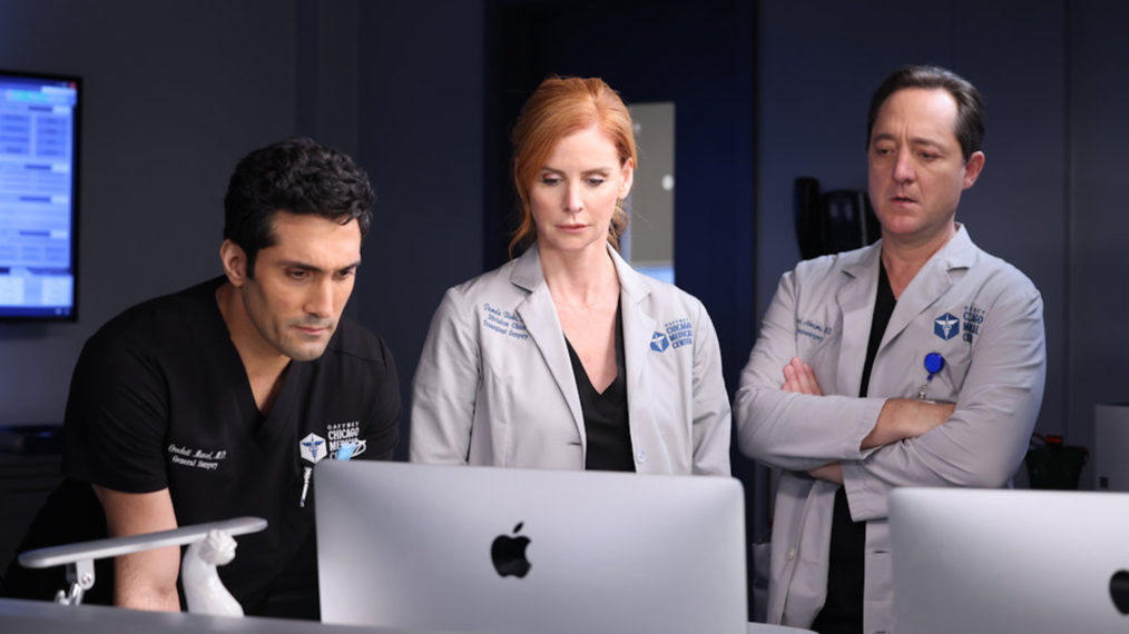 Dominic Rains as Crockett Marcel, Sarah Rafferty as Dr. Pamela Blake, Brennan Brown as Dr. Sam Abrams in Chicago Med