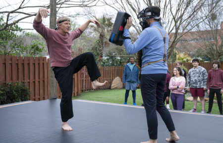 William Zabka as Johnny Lawrence, Ralph Macchio as Daniel LaRusso in Cobra Kai