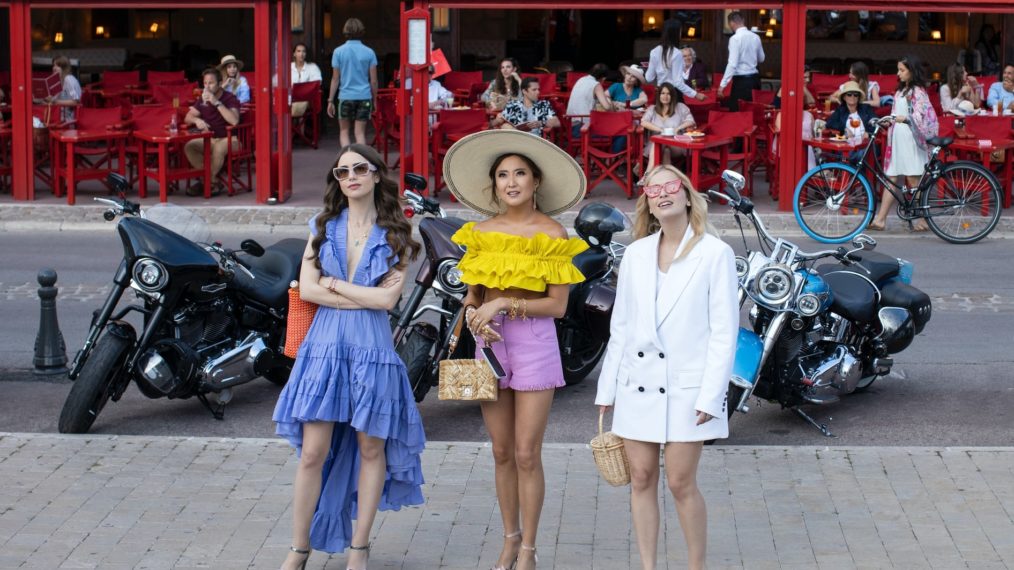 Lily Collins as Emily, Ashley Park as Mindy, Camille Razat as Camille in Emily in Paris