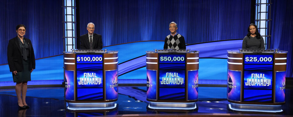 'Jeopardy!' Professors Tournament, Host Mayim Bialik, Winner Sam Buttrey, Ed Hashima, Alisa Hove