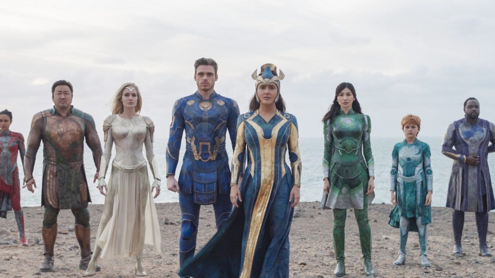 Marvel Studios' 'Eternals,' Kumail Nanjiani as Kingo, Lauren Ridloff as Makkari, Ma Dong-seok as Gilgamesh, Angelina Jolie as Thena, Richard Madden as Ikaris, Salma Hayek as Ajak, Gemma Chan as Sersi, Lia McHugh as Sprite, Brian Tyree Henry as Phastos, Barry Keoghan as Druig