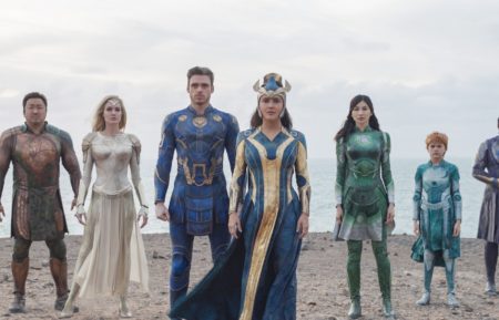 Marvel Studios' 'Eternals,' Kumail Nanjiani as Kingo, Lauren Ridloff as Makkari, Ma Dong-seok as Gilgamesh, Angelina Jolie as Thena, Richard Madden as Ikaris, Salma Hayek as Ajak, Gemma Chan as Sersi, Lia McHugh as Sprite, Brian Tyree Henry as Phastos, Barry Keoghan as Druig