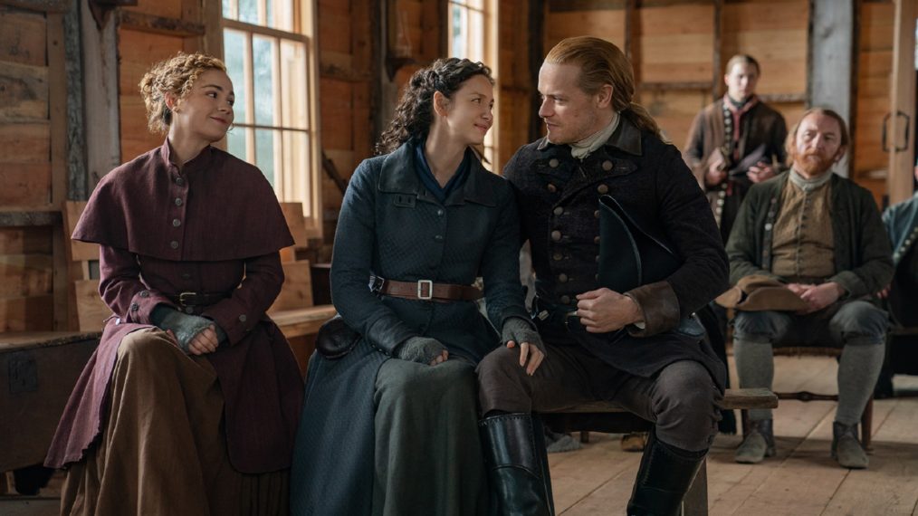 Outlander Season 6 Sophie Skelton, Caitriona Balfe, and Sam Heughan