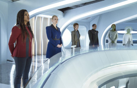 Sonequa Martin-Green as Burnham, Chelah Horsdal as President Laira Rillak, Tara Rosling as T'Rina in Star Trek Discovery