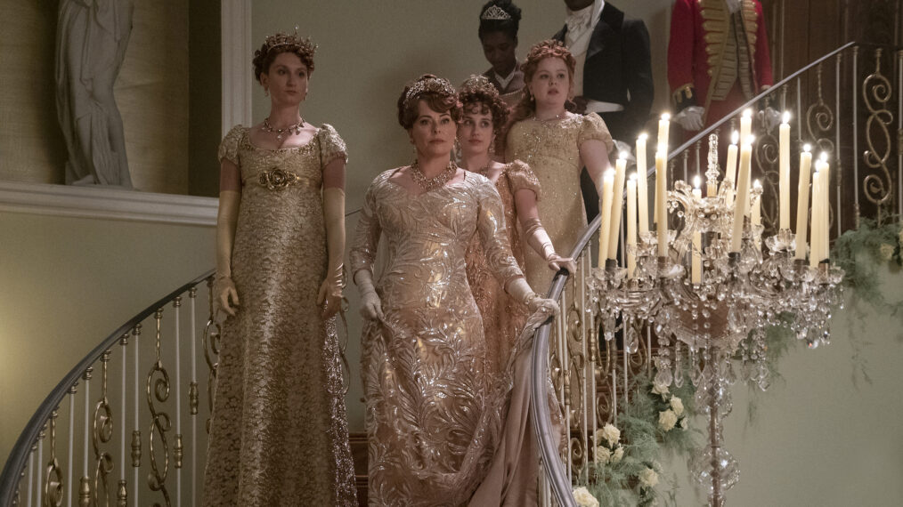 Bessie Carter as Prudence Featherington, Polly Walker as Lady Portia Featherington, Harriet Cains as Philipa Featherington, Nicola Coughlan as Penelope Featherington in Bridgerton