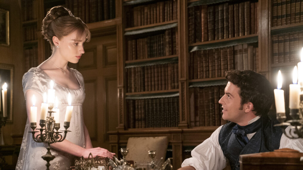 Phoebe Dyvenor as Daphne Basset, Jonathan Bailey as Anthony Bridgerton in Bridgerton