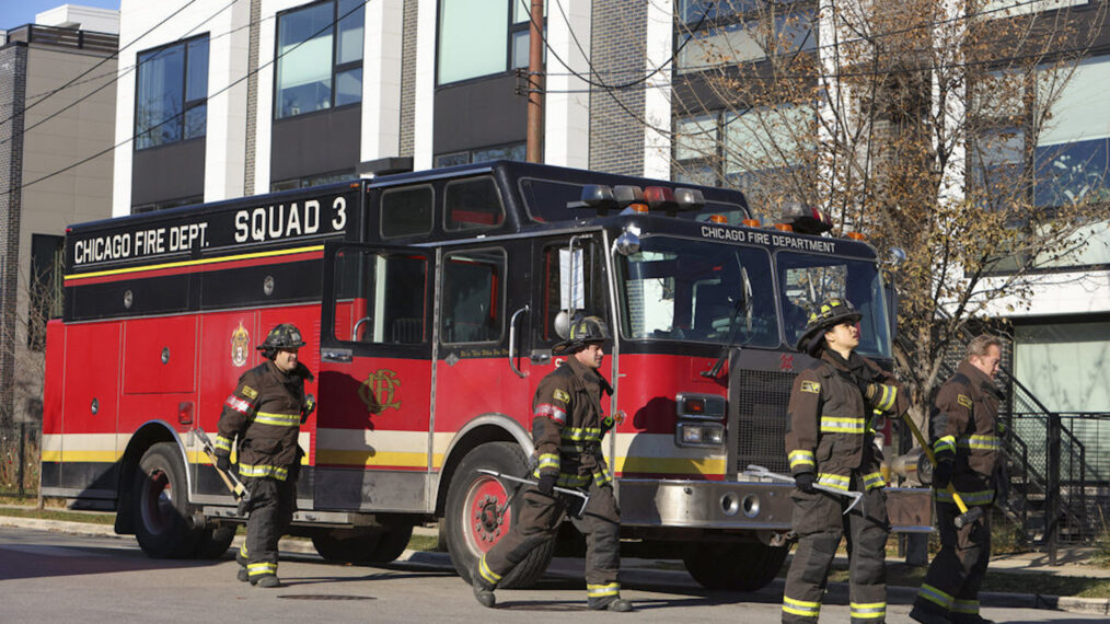 Joe Minoso as Joe Cruz, Taylor Kinney as Kelly Severide, Miranda Rae Mayo as Stella Kidd, Christian Stolte as Mouch in Chicago Fire