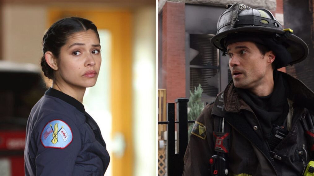 Miranda Rae Mayo as Stella Kidd, Brett Dalton at Jason Pelham in Chicago Fire