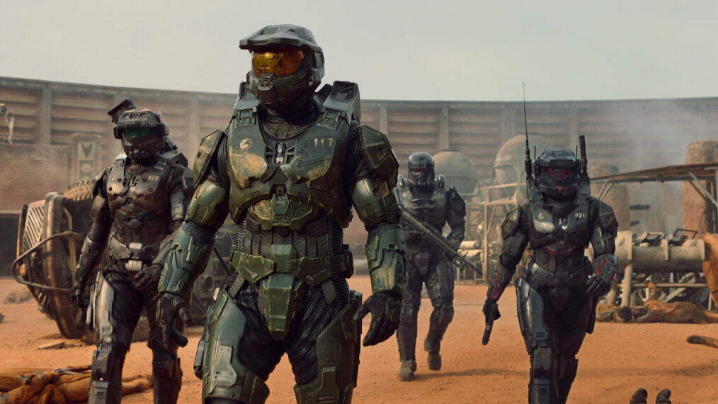 Pablo Schreiber as Master Chief, Kate Kennedy as Kai, Bentley Kalu as Vannak, and Natasha Culzac as Riz in Halo