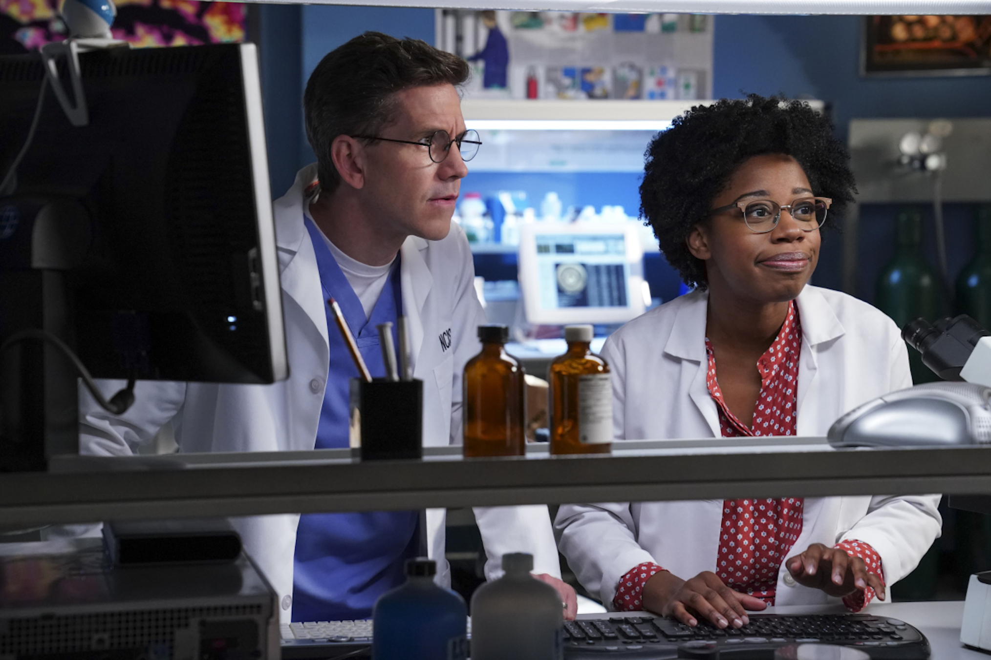 Brian Dietzen as Dr. Jimmy Palmer, Diona Reasonover as Kasie Hines in NCIS
