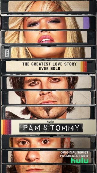 Pam & Tommy key art Lily James, Sebastian Stan, and Seth Rogen