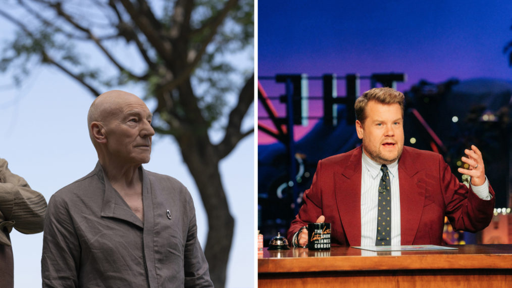 Patrick Stewart in Star Trek: Picard and James Corden on The Late Late Show