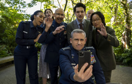 'Space Force,' Season 2, Netflix, Tawny Newsome as Angela Ali, Diana Silvers as Erin Naird, Don Lake as Brad Gregory, Steve Carell as General Mark Naird, Ben Schwartz as F. Tony Scarapiducci, John Malkovich as Dr. Adrian Mallory, Jimmy O. Yang as Dr. Chan Kaifang