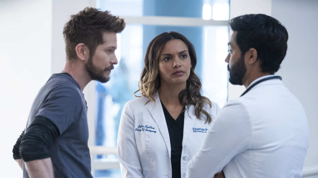 Matt Czuchry as Conrad, Jessica Lucas as Billie, Manish Dayal as Devon in The Resident