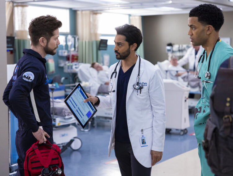 Matt Czuchry as Conrad, Manish Dayal as Devon, Miles Fowler as Trevor in The Resident