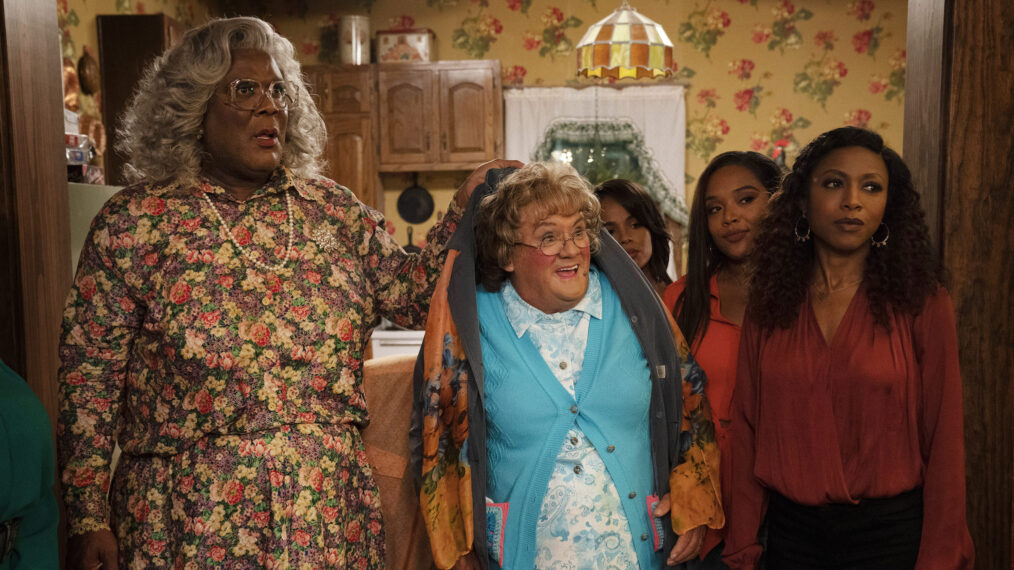 'Tyler Perry's A Madea Homecoming,' Netflix, Tyler Perry as Madea, Brendan O’Carroll as Agnes Brown, Geneva Maccarone as Sylvia, Candace Maxwell as Ellie, and Gabrielle Dennis as Laura