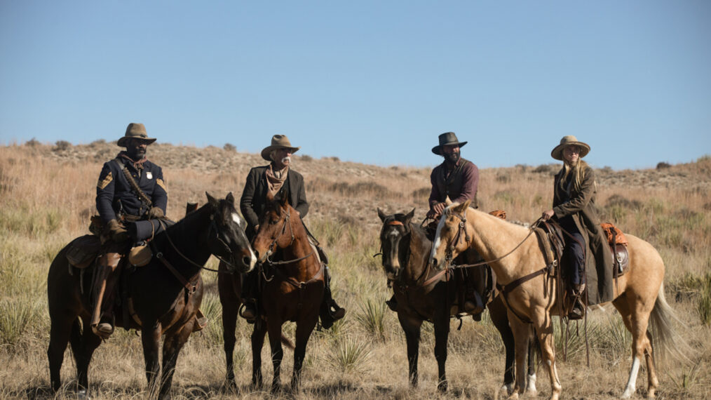 LaMonica Garrett as Thomas, Sam Elliott as Shea, Tim McGraw as James and Isabel May as Elsa in 1883