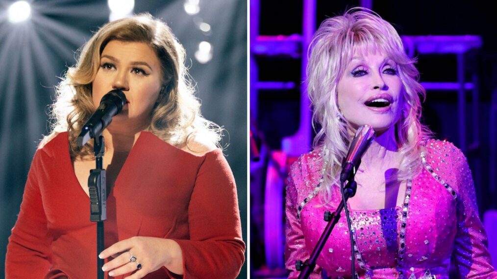 Kelly Clarkson (L) and Dolly Parton (R)
