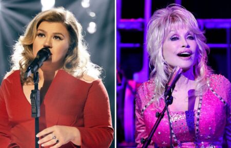Kelly Clarkson (L) and Dolly Parton (R)