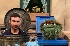 Brett Goldstein and Oscar the Grouch on Sesame Street