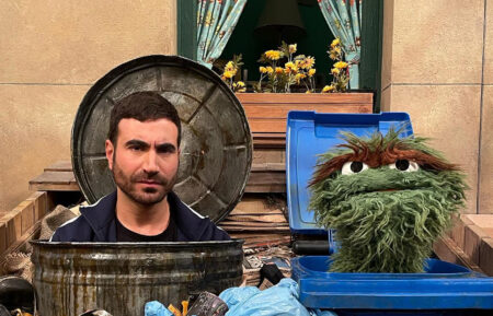 Brett Goldstein and Oscar the Grouch on Sesame Street