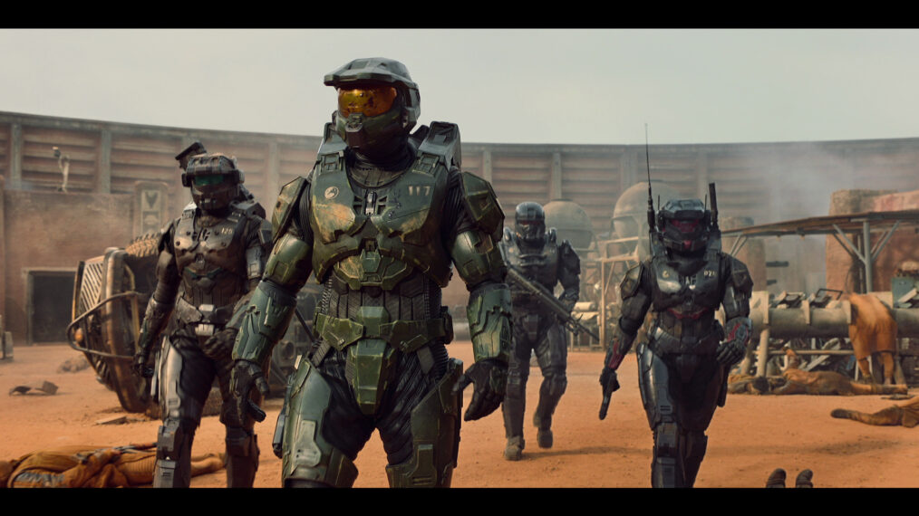 'HALO,' Season 1, Paramount+, Pablo Schreiber as Master Chief, Kate Kennedy as Kai, Bentley Kalu as Vannak, and Natasha Culzac as Riz