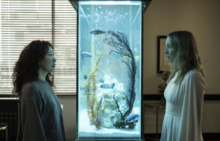 Sandra Oh as Eve Polastri and Jodie Comer as Villanelle with a fish tank between them in Killing Eve