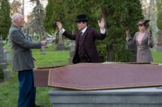 Nigel Bennett as Giles, Yannick Bisson as William Murdoch, Helene Joy as Julia Ogden, in Murdoch Mysteries