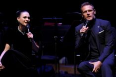 Sophie Skelton and Sam Heughan on stage during the panel discussion at the 'Outlander' Season six premiere at The Royal Festival Hall