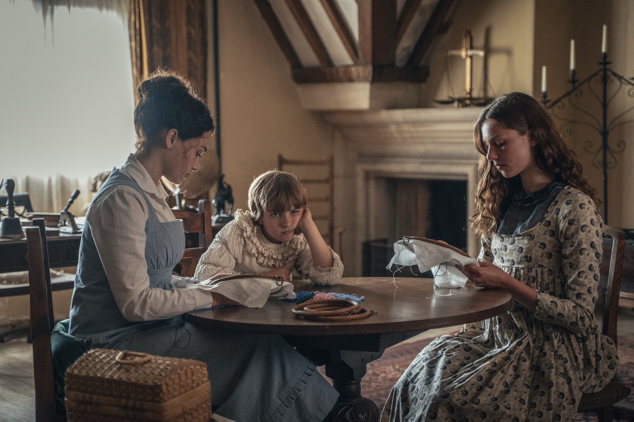 Sanditon Season 2 - Rose Williams as Charlotte Heywood, Flora Mitchell as Leonora, and Eloise Webb as Augusta Markham