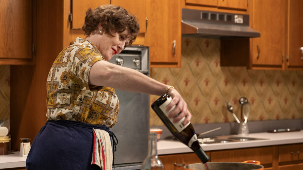 Sarah Lancashire as Julia Child pouring win in Julia