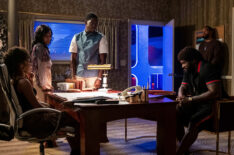 Snowfall - 'Commitment' - Season 5, Episode 2 - Angela Lewis as Aunt Louie, Devyn Tyler as Veronique, Damson Idris as Franklin Saint, Amin Joseph as Jerome Saint, and DeRay Davis as Peaches