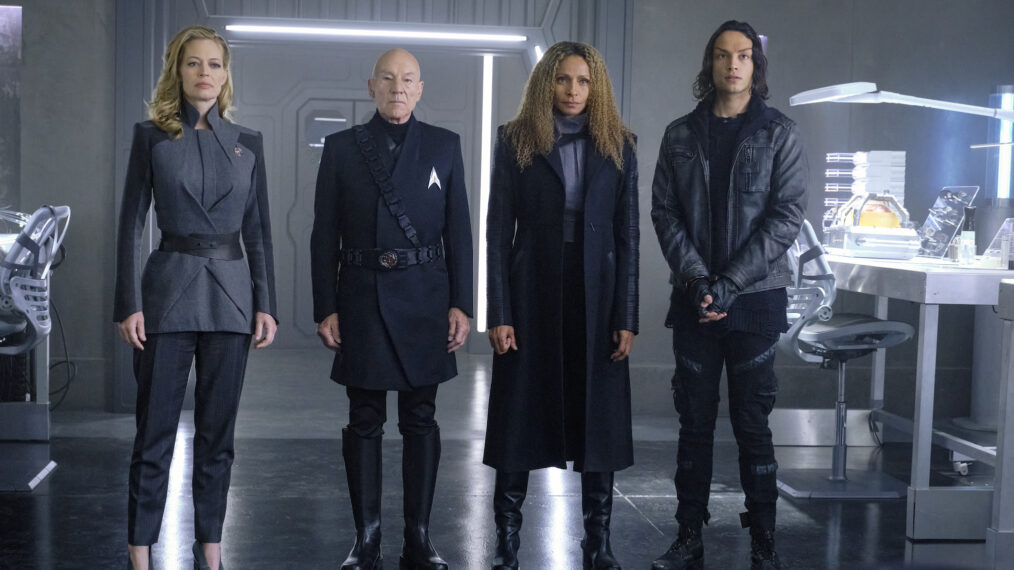 'Star Trek: Picard,' Season 2, - Jeri Ryan as Seven of Nine, Sir Patrick Stewart as Jean-Luc Picard, Michelle Hurd as Raffi, and Evan Evagora as Elnor