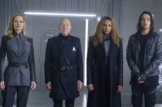 'Star Trek: Picard,' Season 2, - Jeri Ryan as Seven of Nine, Sir Patrick Stewart as Jean-Luc Picard, Michelle Hurd as Raffi, and Evan Evagora as Elnor