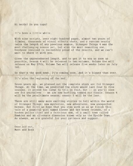 Duffer Brothers Stranger Things letter 