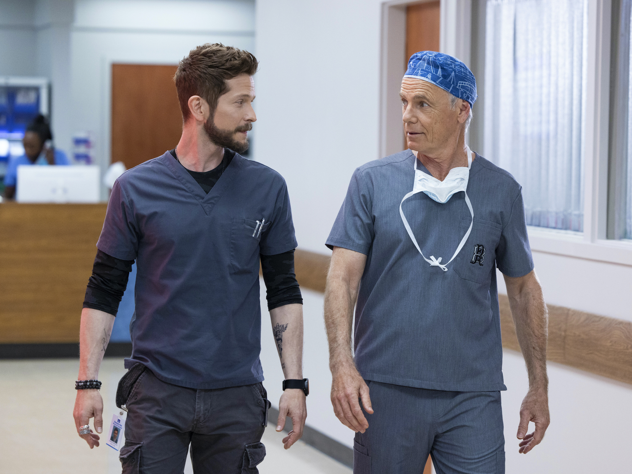 Matt Czuchry as Conrad, Bruce Greenwood as Bell in The Resident