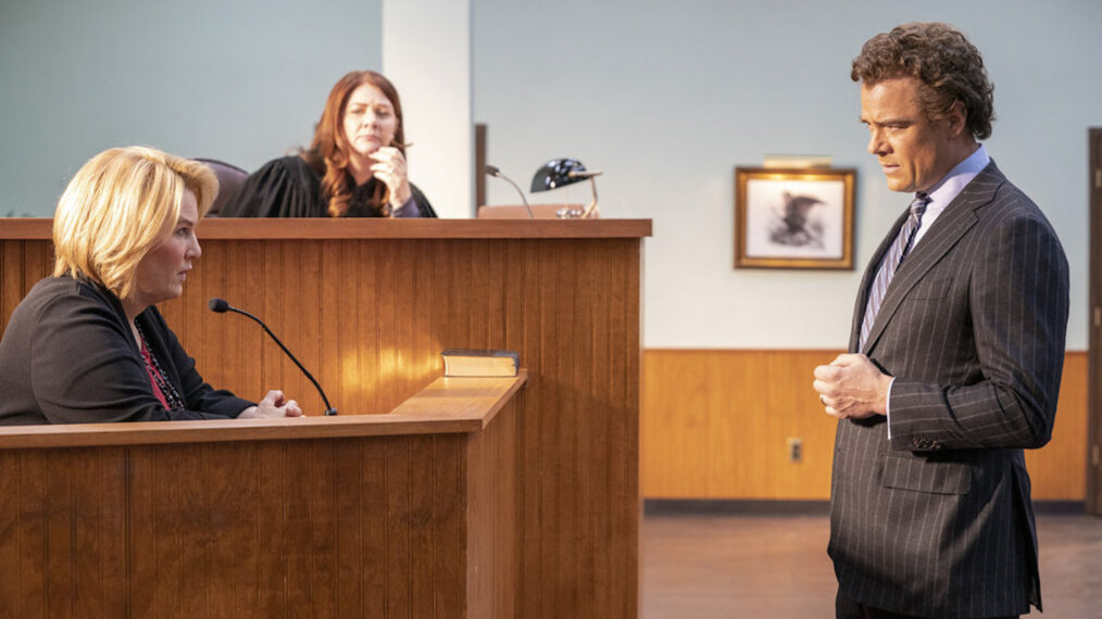 Renée Zellweger as Pam Hupp, Heather Magee as Judge Mennemeyer, Josh Duhamel as Joel Schwartz in The Thing About Pam